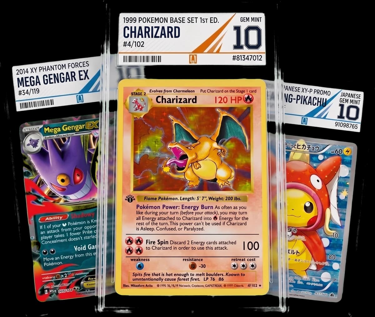 RKT graded slabs - 1999 1st Edition Charizard, Mega Gengar EX and Magikarp Poncho Pikachu, all graded RKT Gem Mint 10