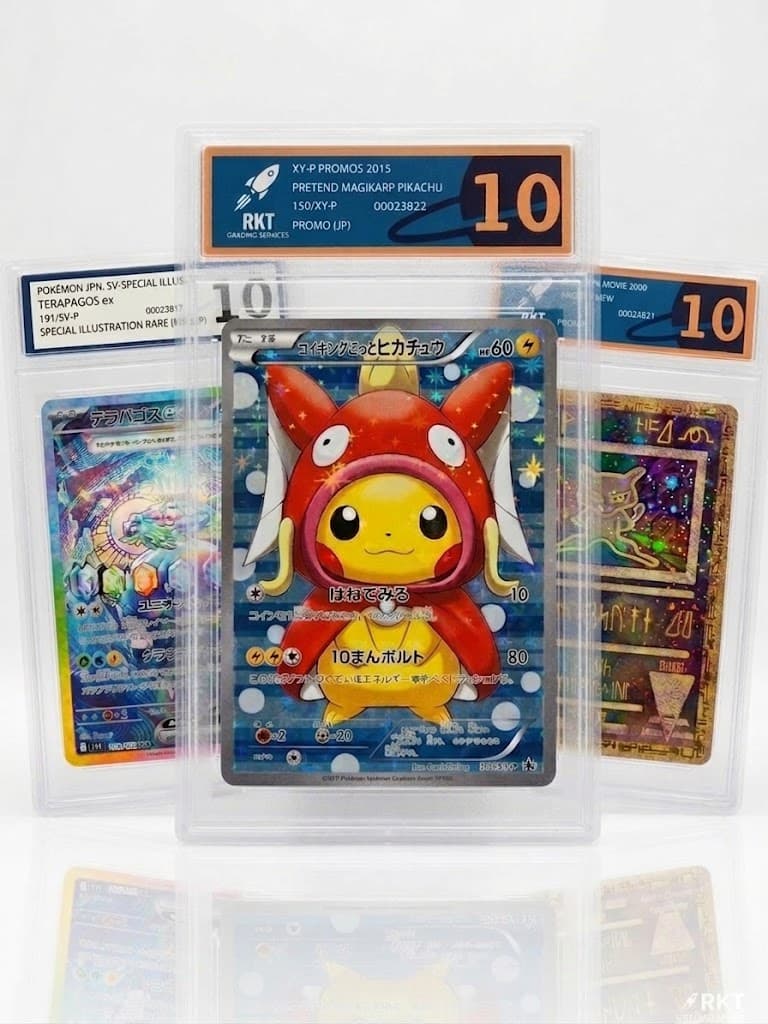 RKT graded slabs - Magikarp Poncho Pikachu Gem Mint 10, Terapagos EX Special Illustration Rare 10 and Ancient Mew promo 9, all in RKT slabs