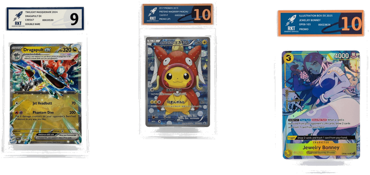 RKT Grading slabs - Dragapult EX grade 9, Pikachu Magikarp Poncho grade 10, Jewelry Bonney grade 10